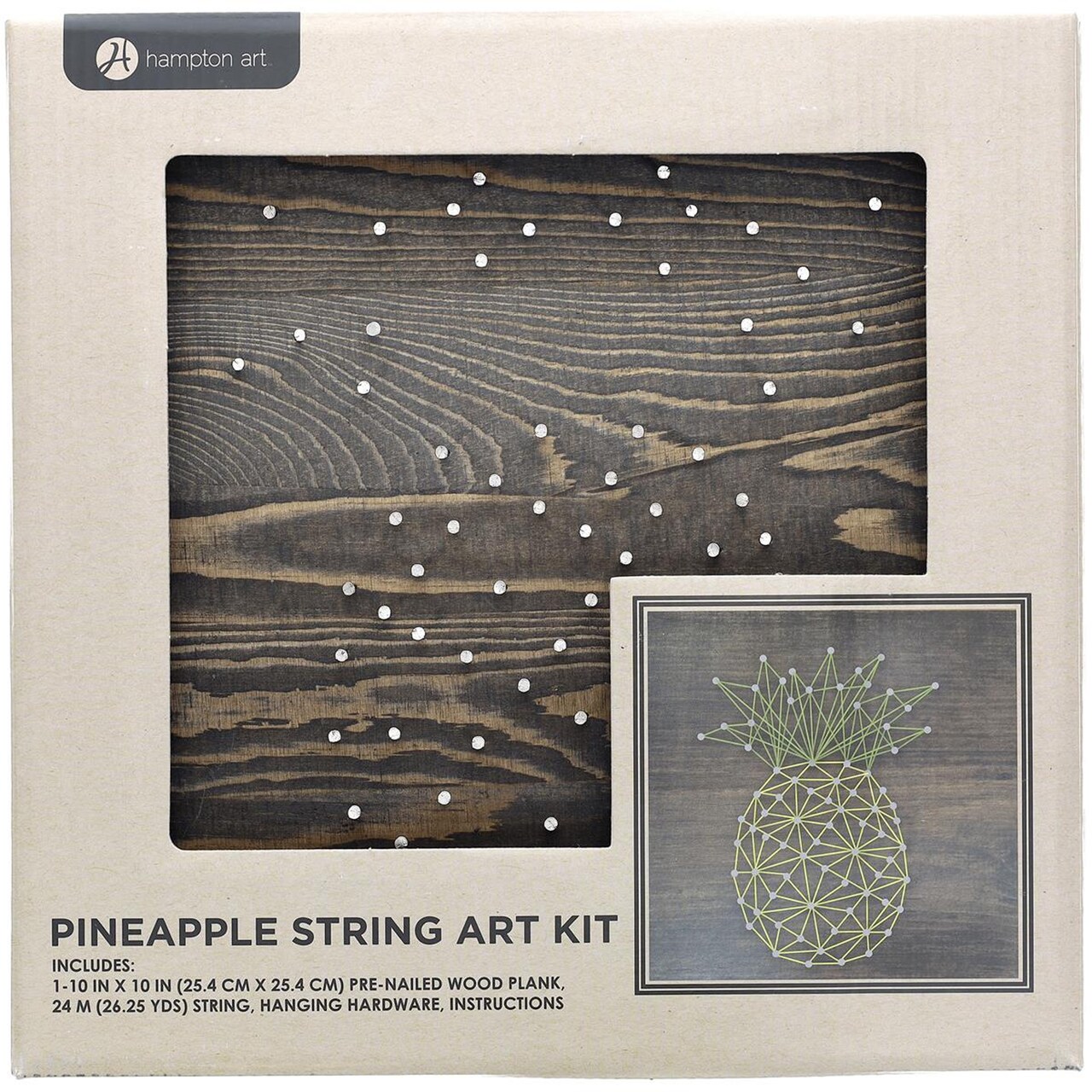 Hampton Art String Art 10" x 10" Pineapple, contains one 10x10 inch pre-nailed wood plank, over 26 yards of art string, hanging hardware, and easy to follow instructions.